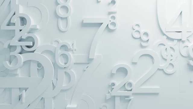 Beautiful White Numbers on Surface Moving in Looped 3d Animation. Abstract Motion Design Background. Computer Generated Process. 4k UHD 3840x2160.