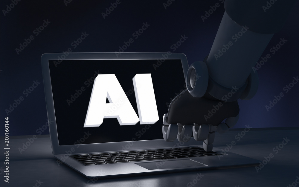 Poster robot finger touching a laptop computer with ai text. artificial intelligence in futuristic technolo