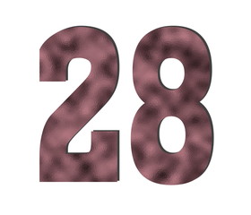 28 Number. Rose gold color. Shiny glass texture. Discount and sales theme. White isolated