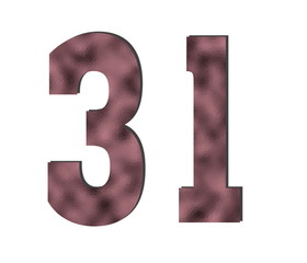 31  Number. Rose gold color. Shiny glass texture. Discount and sales theme. White isolated