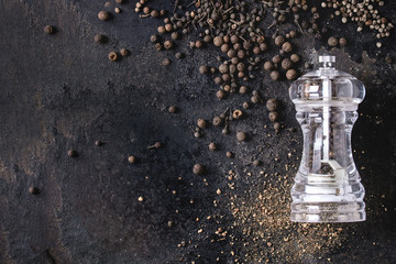 Variety of different black peppers allspice, pimento, long pepper, monks pepper, peppercorns and...