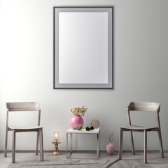 Obraz na płótnie Canvas Mock up poster frame in hipster interior background, 3D illustration