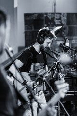 Guitar Player in Recording Studio, Black and White