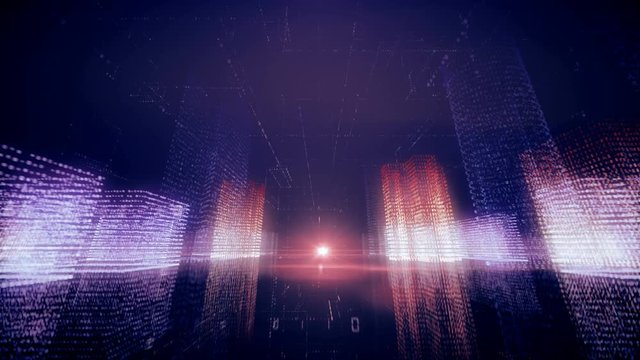 Seamless abstract flight in a virtual digital city in a binary code space, purple color