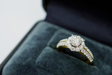 close up luxury wedding diamond ring in jewelry gift box