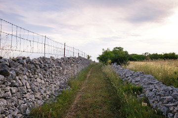 Fototapeta na wymiar Sunset over country road bounded by drystone walls. Landscape of Murge. Apulia, Italy