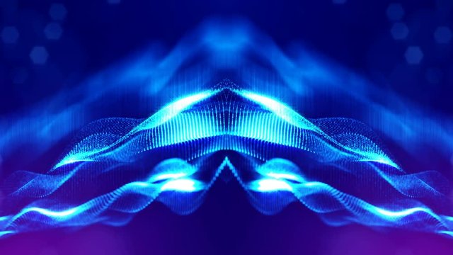 Particles form line, surface grid or mysterious virtual space. 3d seamless animation as digital science fiction background of glowing particles with depth of field, bokeh. Blue strings 14