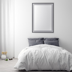 Mock up poster frame in bedroom interior background, 3D illustration