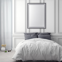 Mock up poster frame in bedroom interior background and classic wall, 3D illustration