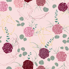 Seamless pattern with golden polygonal shapes and floral elements in watercolor style. Carnation flowers and eucalyptus leaf. Vector illustration 