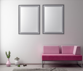 Mock up poster frame in hipster interior background, 3D illustration