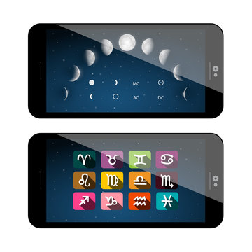 Moon Phases Symbols. Mobile Phone App. Vector Astrology Application.