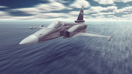 A jet fighter war airplane armed with missiles flying really low over the ocean water to a mission...