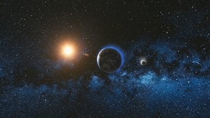 Sunrise view from space on Planet Earth and Moon rotating in space. Blue sky Milky Way with thousand stars in the background. Astronomy and science concept. Elements of image furnished by NASA