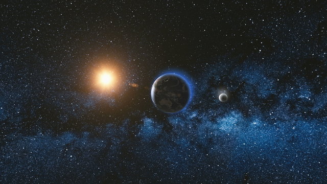 Sunrise View From Space On Planet Earth And Moon Rotating In Space. Blue Sky Milky Way With Thousand Stars In The Background. Astronomy And Science Concept. Elements Of Image Furnished By NASA