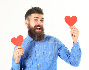 Valentines day concept. Man with beard with happy face