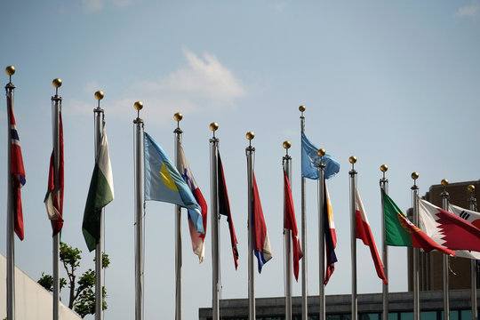 Flags Outside United Nations Building In New York