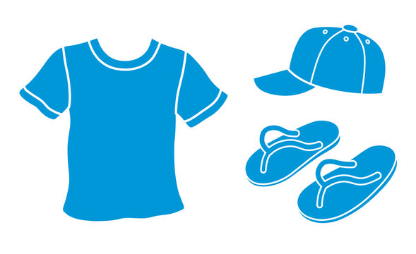 T-shirt, baseball cap, flip-flops thongs slippers isolated, vector icons set.