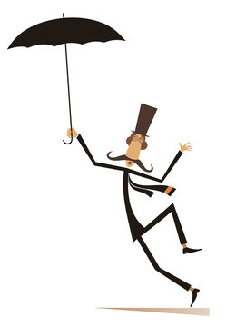 Mustache man in the top hat with umbrella isolated illustration. Mustache man in the top hat with umbrella staying on the wind black on white illustration
