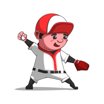 Cartoon baseball player throwing the ball. Pitcher vector illustration isolated on white.