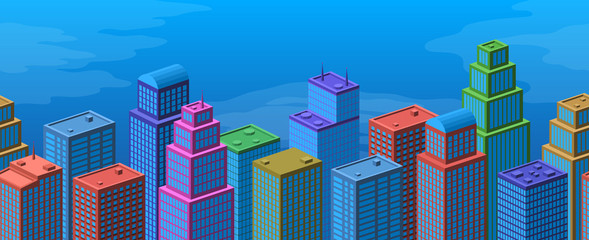 Background with View of Megapolis City. Horizontal Seamless Urban Landscape with Colorful Cartoon Skyscrapers and Bright Blue Sky. Eps10, Contains Transparencies. Vector