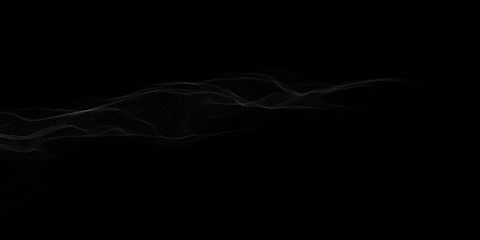 Abstract particle wave on dark background. Vector 3d wave. Point wave.