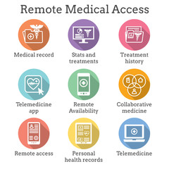 Telemedicine and Health Records Icon Set with Caduceus, file folders, computers, etc