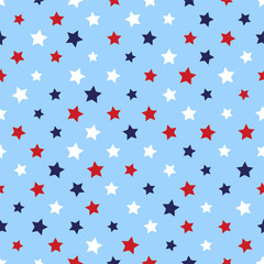 Festive seamless background in national colors USA red white blue. Strips and stars, fireworks Great idea for decorating the holiday on July 4th, Independence memory Days, barbecue party