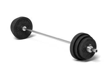 Obraz na płótnie Canvas 3d rendering of a silver colored metal barbell with several black weight plates on a white background.