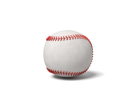 3d rendering of a single white baseball with red stitching throwing a shadow on a white background.