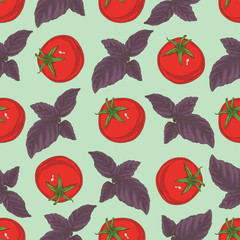 Seamless Pattern. Tomatoes and Basil