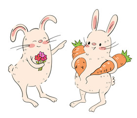 Obraz na płótnie Canvas cute Bunnies with flowers and carrots