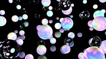 Holographic bubbles on black. 3d illustration. Night sky. Glass backdrop. Abstract background. Fairy wallpaper. Cosmic. Planets. Pink. Blue. Fantasy. Unicorn colors.