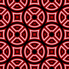 Geometric seamless pattern. Black and white elements on red background