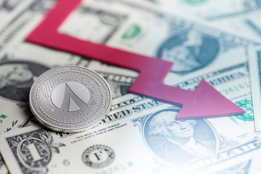 shiny silver DENTACOIN cryptocurrency coin with negative chart crash baisse falling lost deficit 3d rendering