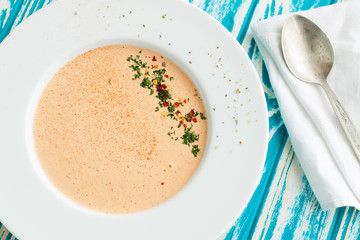 Creamy crab soup bisque with spices - obrazy, fototapety, plakaty