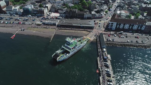 Aerial footage of ferry near Largs on the Firth of Clyde.