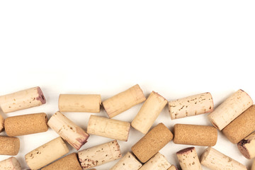 Wine corks on a white background with copy space