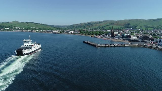 Aerial footage of ferry near Largs on the Firth of Clyde.
