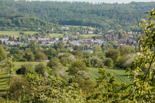 German village with forests, fields and meadows