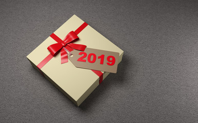      New Year 2019 Creative Design Concept with Gift Box and Tag - 3D Rendered Image 