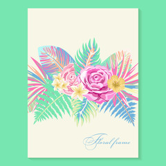 Vector  botanical vertical banner   with colorful tropical leaves and flowers.  Design for invitation card, wedding.