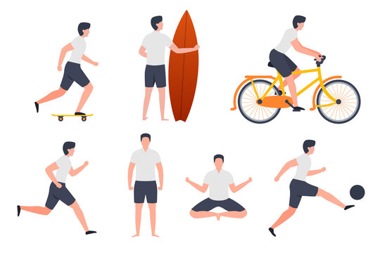Vector set of man in different summer activities - skate, running, yoga, football, surfing, cycling.