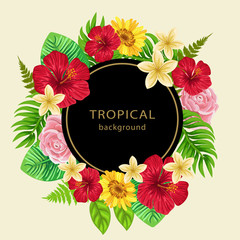 Round frame with tropical leaves and flowers on dark  background. Vector label or invitation card with space for text.