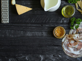 pasta penne and ingredients for creamy sauce with cheese  -  (meal) - cuisine.  Food background