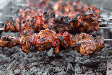 Close up shot of appetizing hot shish kebab with tomatoes on metal skewers prepares on the coals outdoors. Grilling shashlik on barbecue grill.