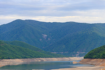 View on the Zhinvali water reservoir and Caucasus mountains in Georgia
