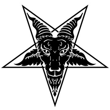 Satanic goat head on pentagram. Baphomet. Illustration for tattoo, print, emblem.