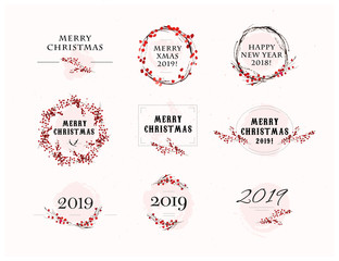 Vector Christmas congratulation arrangements with text & watercolor elements - hand drawn holly berry branches and wreath - isolated on white background. Package design, cards, posters, labels etc.