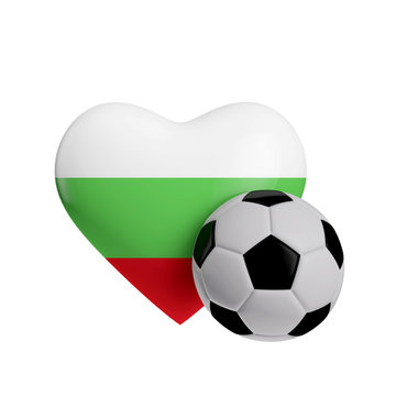 Bulgaria flag heart shape with a soccer ball. Love football. 3D Rendering